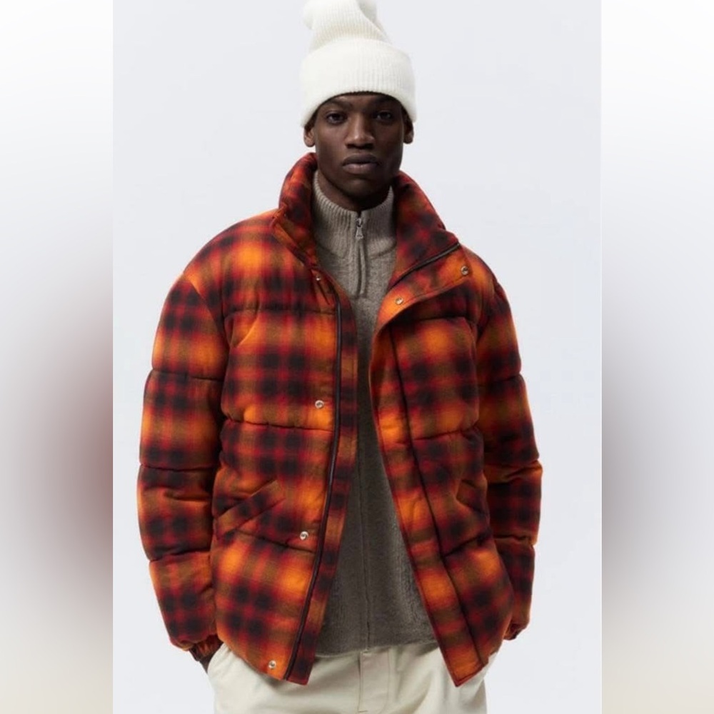 Zara Men’s orange plaid soft flannel puffer jacket. L NWT